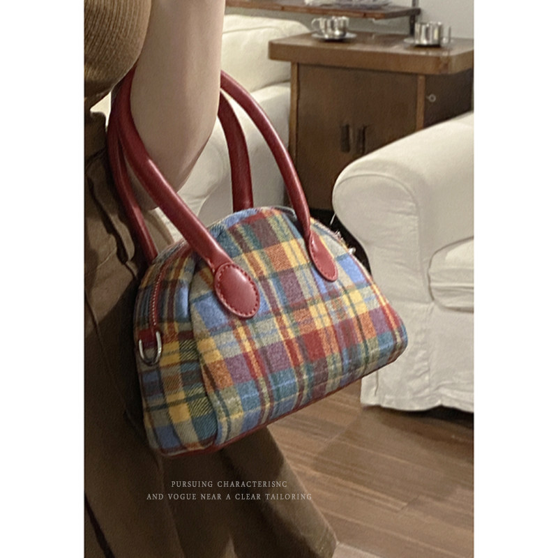 美拉德格子手提包包女2023新款潮红色新年包小众单肩斜挎包贝壳包,淘宝优惠券,粉丝福利购,淘宝优惠卷