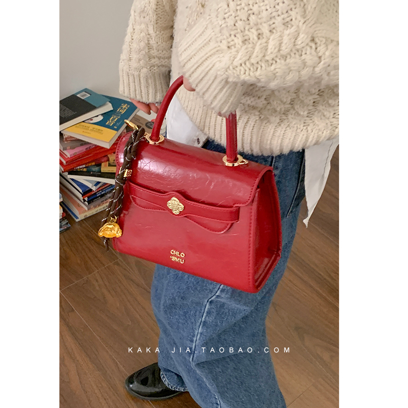 韩国手提红色新年包女包包2024新款潮时尚小方包百搭多功能斜挎包 - 图2