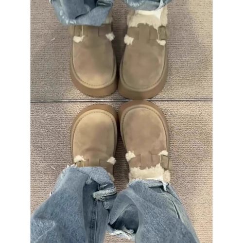 真皮～厚底加绒勃肯鞋女2025新款秋冬百搭一脚蹬毛毛棉鞋雪地靴 - 图0