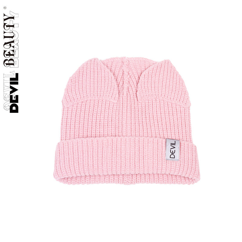 新品DevilBeauty创意猫耳粗线针织帽粉色甜美可爱翻边毛线帽子-图3