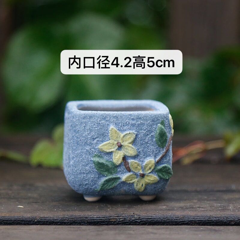 多肉花盆粗陶透气素烧陶瓷迷你拇指盆个性方形磨砂韩式手绘植物盆 - 图0