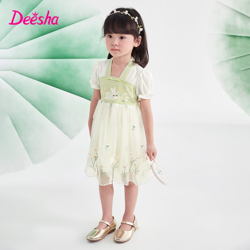 笛莎Deesha 女童连衣裙2024年夏季新款短袖连衣裙国风汉服网纱裙
