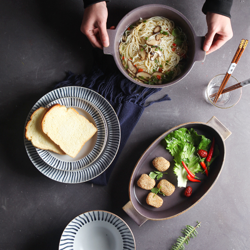 日式村木雄儿作品陶瓷餐具手绘和风蓝色线条料理双耳碗盘家用食器 - 图0