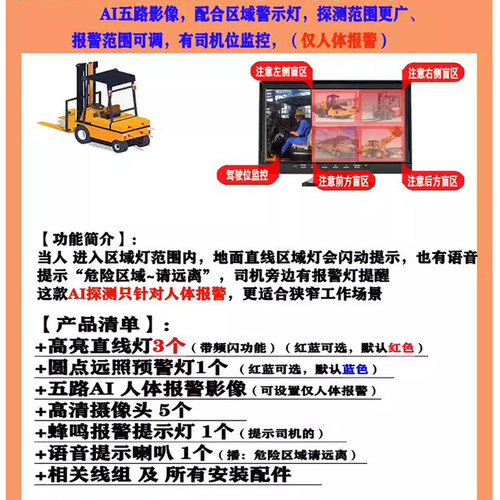 叉车挖机360全景AI防撞系统行人报警BSD倒车影像盲区声光报警系统 - 图3