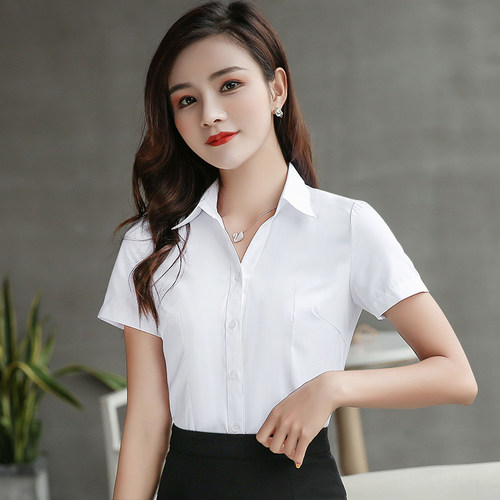2026新款白衬衫女长袖短袖春夏秋工作服正装职业V领蓝色女装衬衣 - 图0