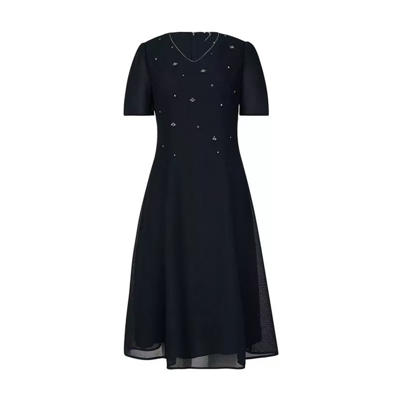 【简约】娜家商场同款女装2025夏季新款V领订珠收腰显瘦连衣裙子