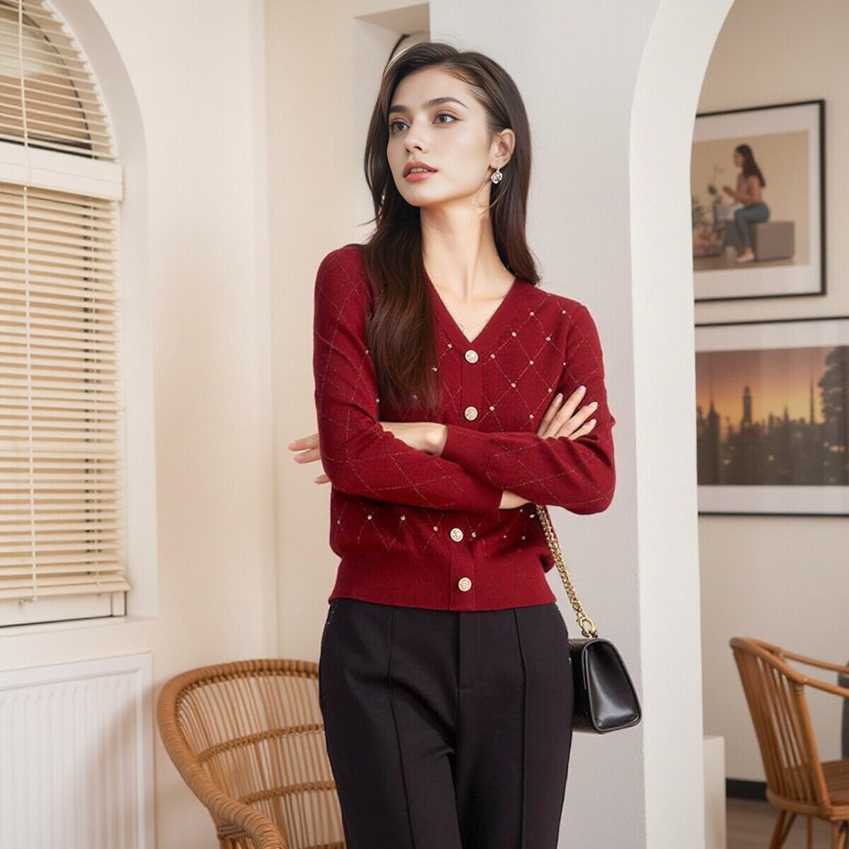 商场同款女装2024秋季新款红色订珠v领单排扣通勤百搭针织衫上衣