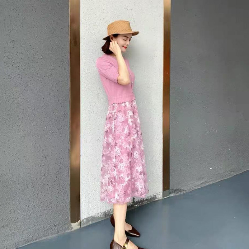 商场同款女装2025夏季新款优雅气质针织V领 拼接连衣裙KD035T1