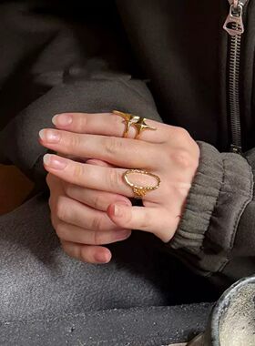 可洗手不掉色戒指女情侣开口微调钛钢镀金度假风六芒星浪漫指环女