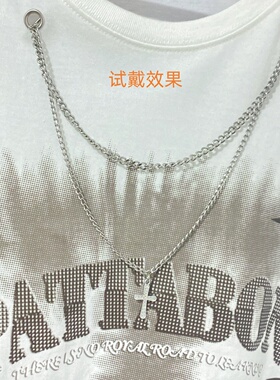 钛钢双层衣领链两头一字扣链条带钻十字架吊坠衣服链两头挂钩链条