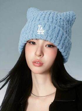 MLB正品冬季保暖猫耳针织帽女