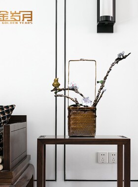 优选《喜鹊花篮》铜金岁r月黄铜摆件工艺品铜器新中式客厅玄关酒