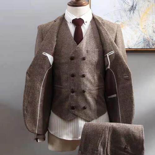 新品西服套装男商务正装三件套修身职F业韩版英式复古西装新郎结 - 图1