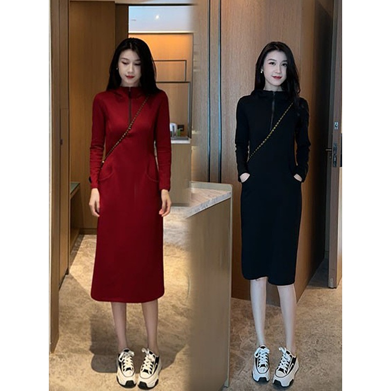 2024秋冬季新款长款卫衣裙女洋气遮肚子减龄显身材高级纯色连衣裙 - 图3