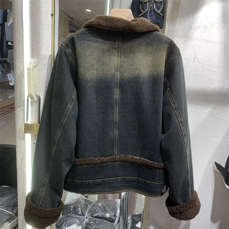 欧货加绒牛仔外套女2024秋冬季新款港风短款上衣毛毛内里派克服潮,淘宝优惠券,粉丝福利购,淘宝优惠卷