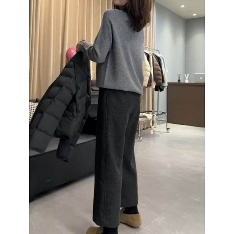 2024冬季新款加绒加厚毛呢奶奶裤女简约百搭小个子直筒阔腿休闲裤,淘宝优惠券,粉丝福利购,淘宝优惠卷