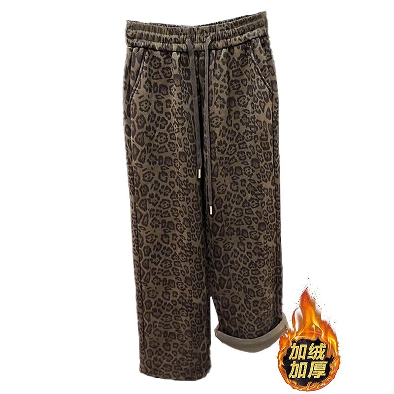 韩版大码加绒加厚豹纹休闲裤女冬新款梨形身材高腰显瘦直筒阔腿裤,淘宝优惠券,粉丝福利购,淘宝优惠卷