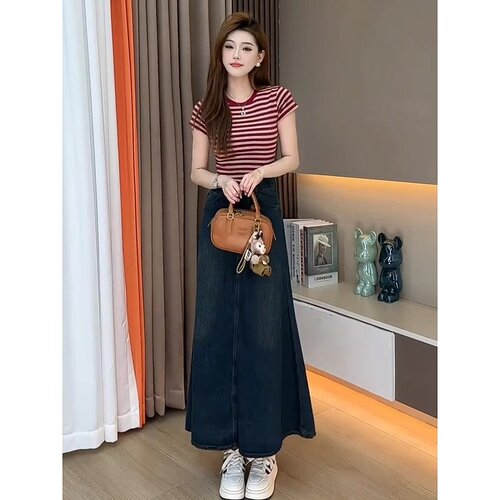 辣妹风复古时尚套装女2025夏季新款条纹短袖上衣牛仔半身裙两件套 - 图2