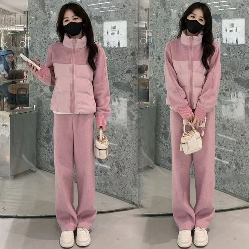 2024秋冬季新款洋气毛呢休闲运动套装女拼接羽绒外套阔腿裤两件套,淘宝优惠券,粉丝福利购,淘宝优惠卷