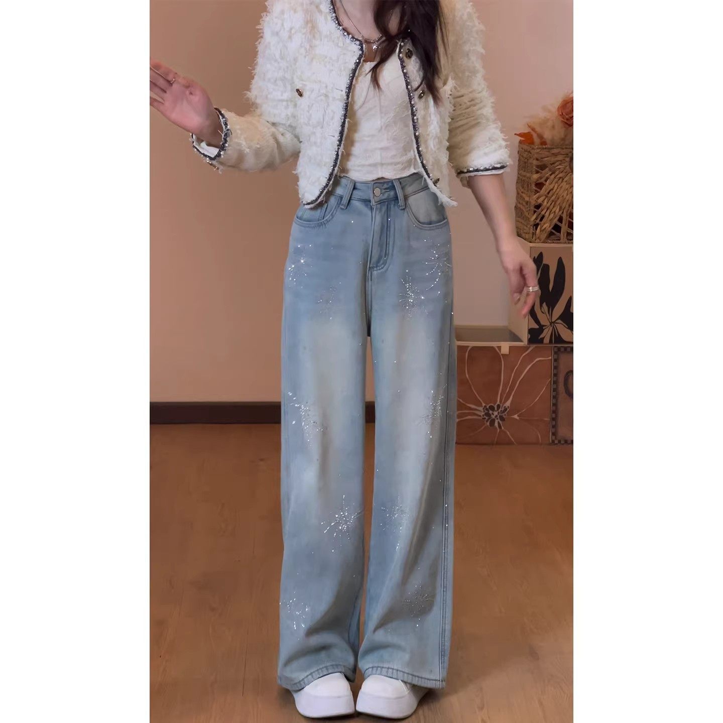 蓝色烫钻加绒窄版阔腿牛仔裤女春季烟花闪钻高腰宽松显瘦直筒裤子,淘宝优惠券,粉丝福利购,淘宝优惠卷