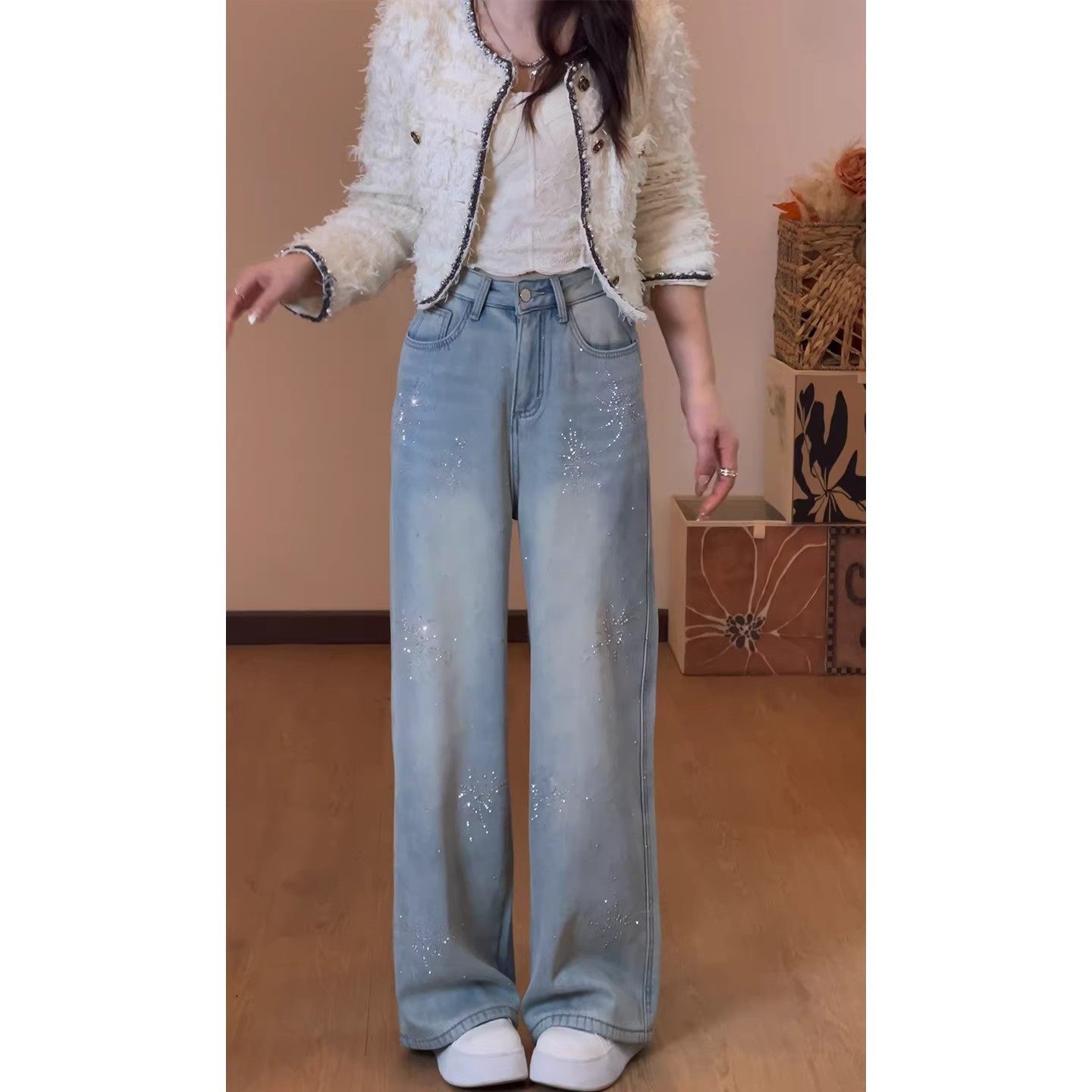 蓝色烫钻加绒窄版阔腿牛仔裤女春季烟花闪钻高腰宽松显瘦直筒裤子,淘宝优惠券,粉丝福利购,淘宝优惠卷