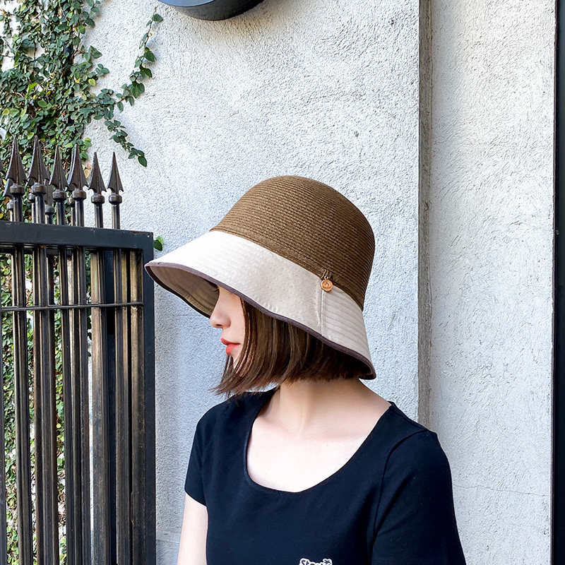 百搭渔夫帽子女夏天日系布草结合草帽可折叠草编拼接遮阳盆帽潮 - 图2