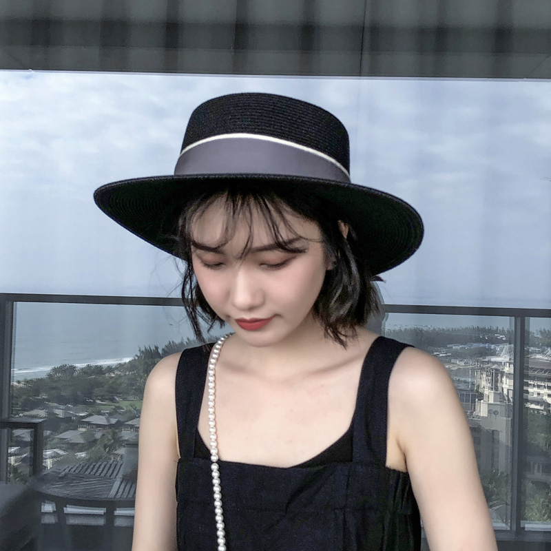 心秀嘉派专卖店韩国平顶休闲沙滩草帽女春夏季遮阳礼帽爵士宽檐出游百搭太阳帽子0