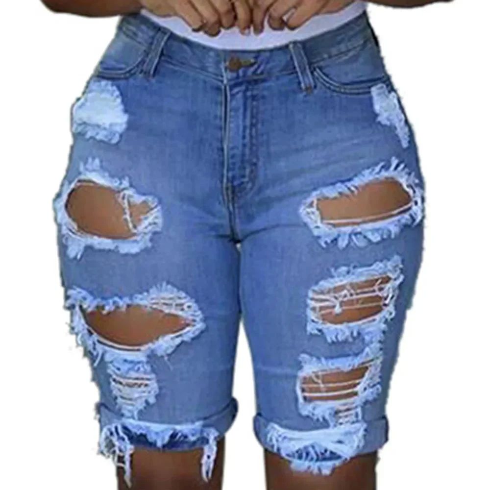 Women Denim Shorts Summer Destroyed Hole Jeans Fashion Casua - 图0