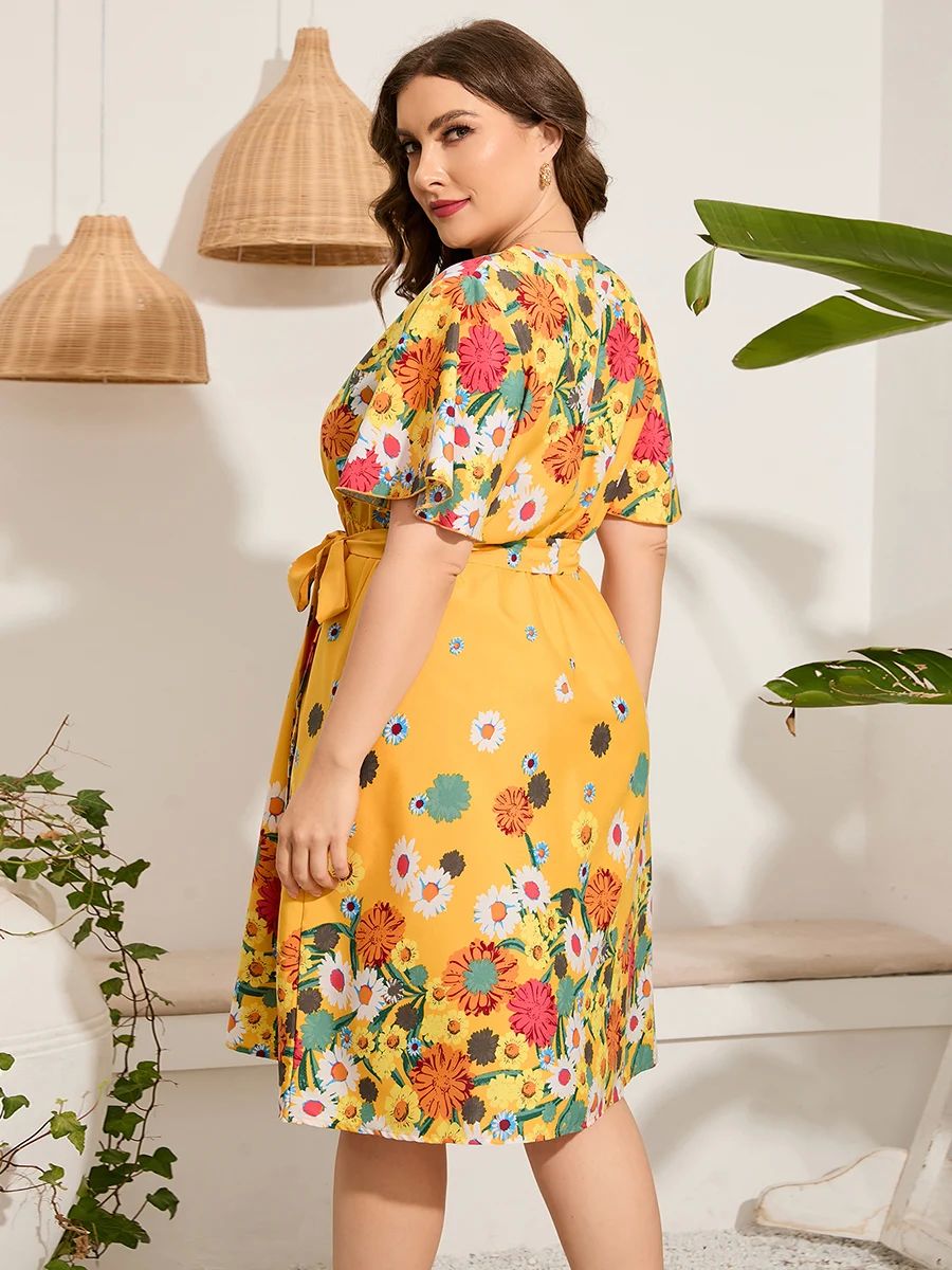 4xl 5xl Plus Size Midi Dress Women 2023 Summer V Neck Short - 图2