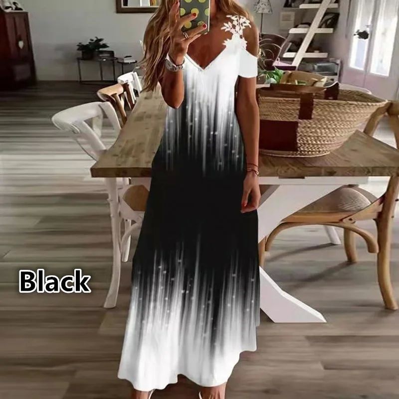 Women Floral Print Maxi Dress Boho Lace Sling Hollow Out A L - 图1