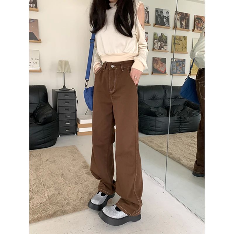 Brown Women's Jeans High Waist Vintage Straight Baggy Denim - 图0