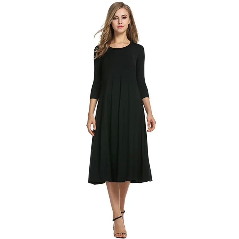 Plus Size Women Long Dress Round Neck Solid Color Frock Casu - 图2