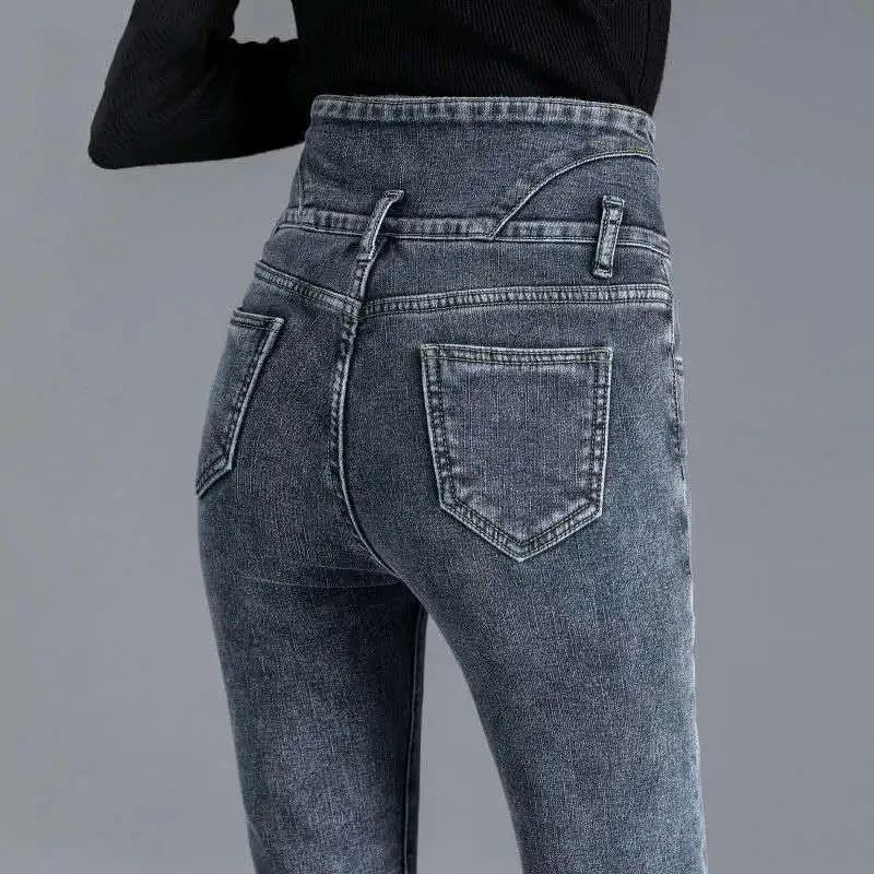 Women Winter Thicken Velvet Lined Skinny Denim Pants Streetw - 图1