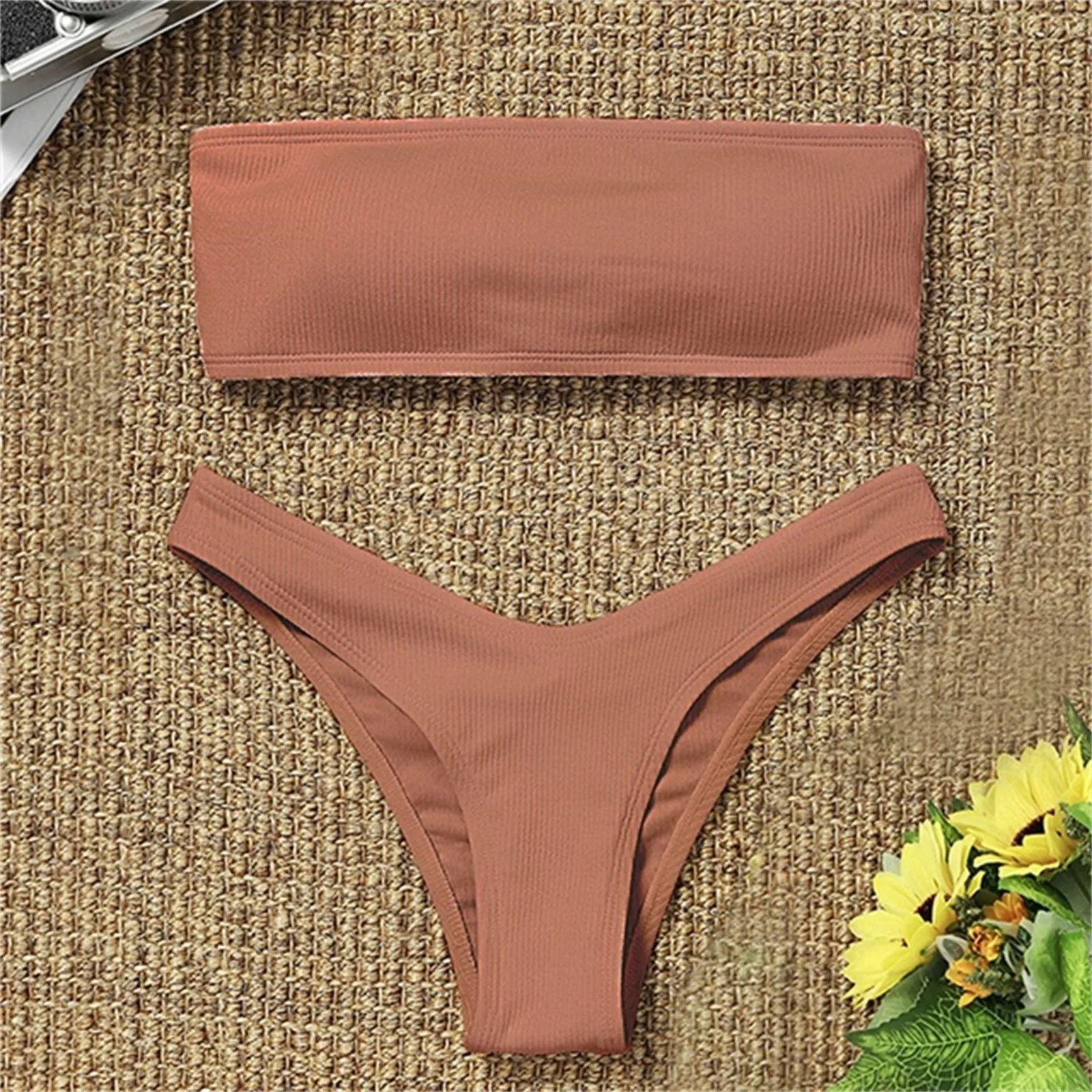 Women Bandeau Bikini Set Swimwear Ribbed Solid Color String-图1