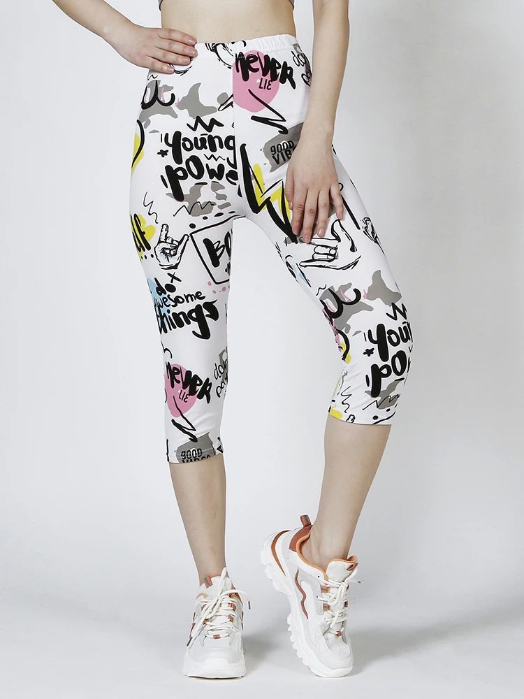 CUHAKCI Summer White Yellow Letter Printing Cropped Pants So - 图2