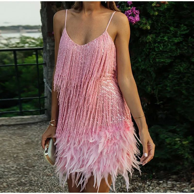 2023 New Sexy Tassel Sequins Feather Mini Dress Women Spaghe - 图0