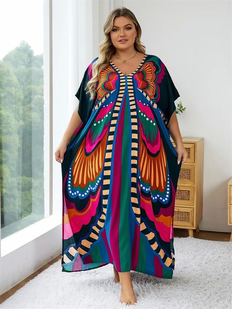 2024 Summer New Plus Size Causal Batwing Sleeve Kaftan Maxi-图1