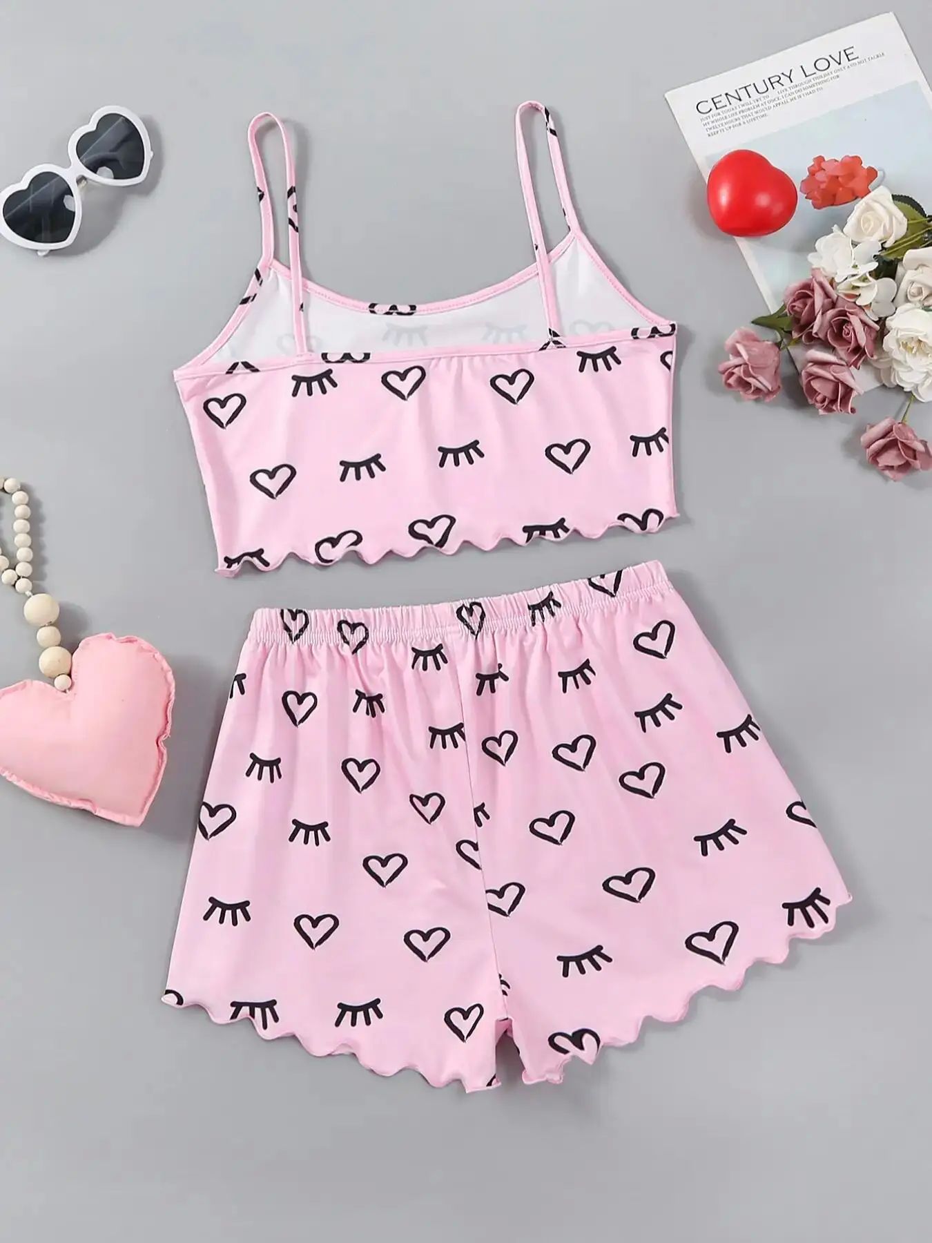 Women's 2pcs Cute Soft Comfy  Set Heart & Eyelash  Print Sex - 图3