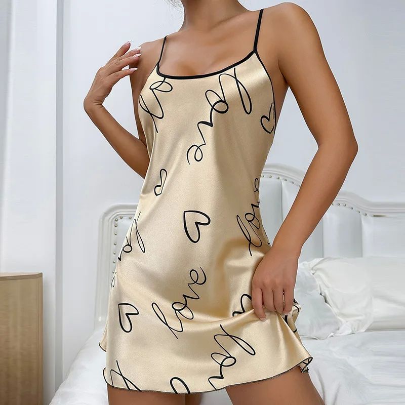 Fashion Heart Print Nightdress Ice Silk Pajamas Elegant Scoo - 图1