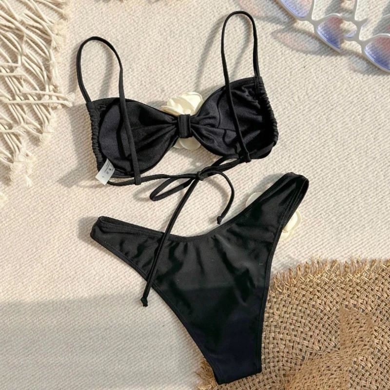 Sexy Flower Bandeau Swimwear Thong Bikini 2024 Women Lace-up - 图0