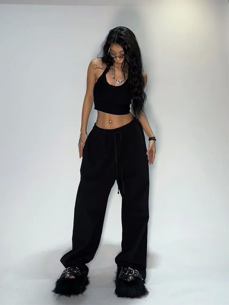 HOUZHOU Casual Black Sweatpants Women Wide Leg Black Joggers - 图2