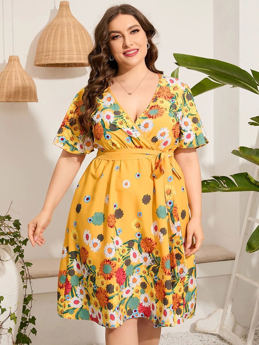 4xl 5xl Plus Size Midi Dress Women 2023 Summer V Neck Short - 图0