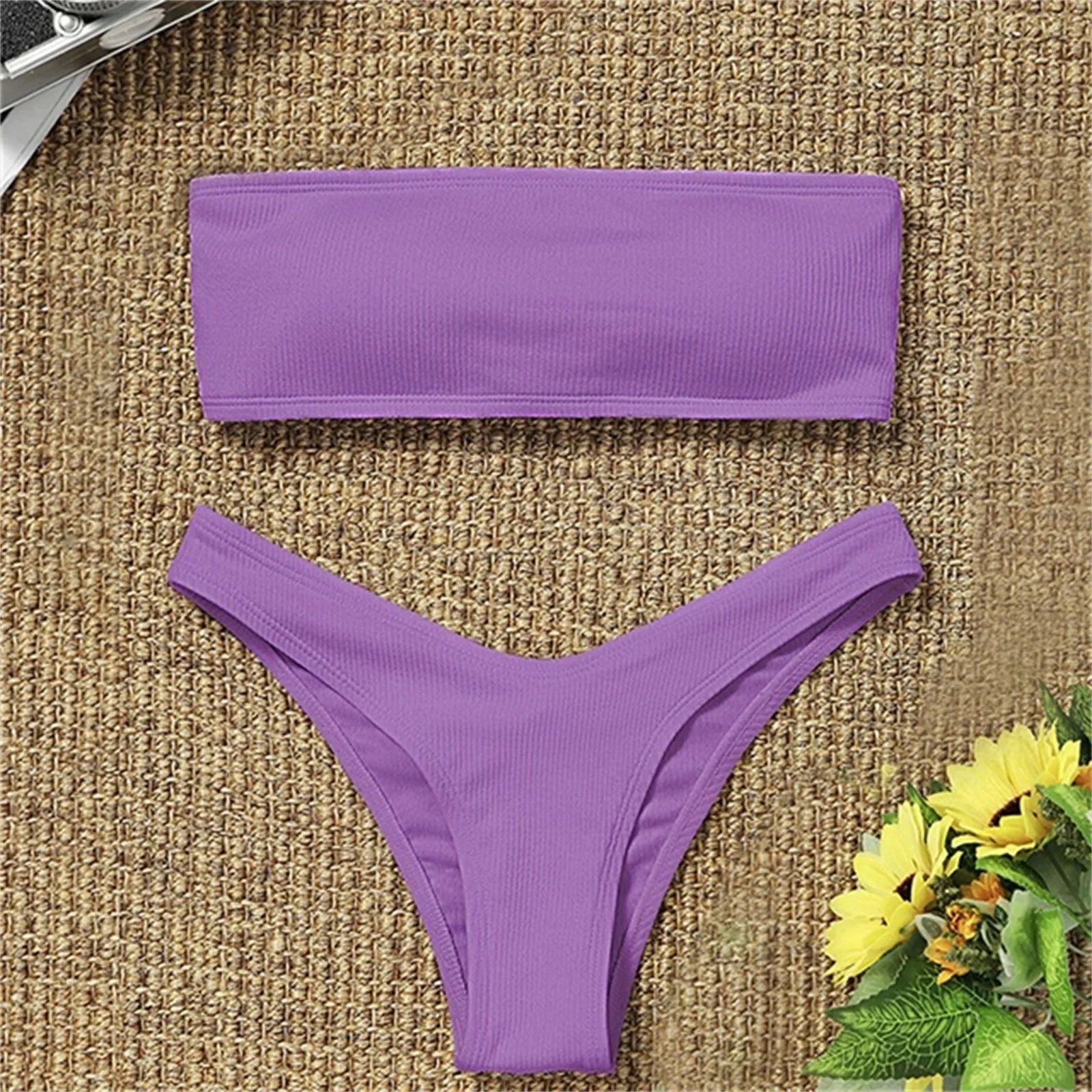 Women Bandeau Bikini Set Swimwear Ribbed Solid Color String-图2