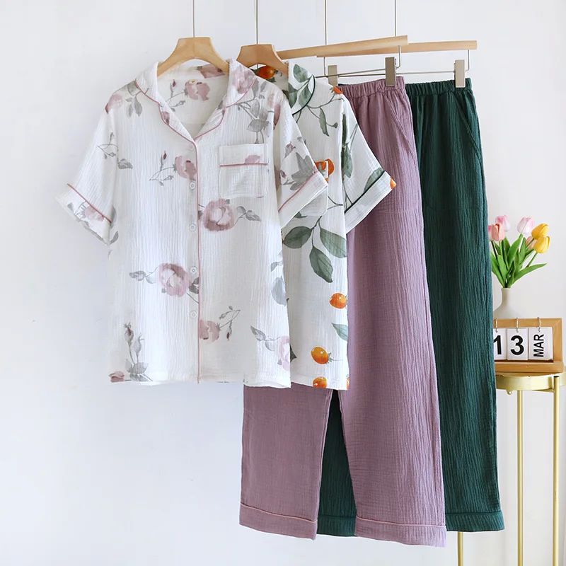 2024 New Summer Women Pajamas 100% Cotton Gauze Sleepwear Sh - 图0