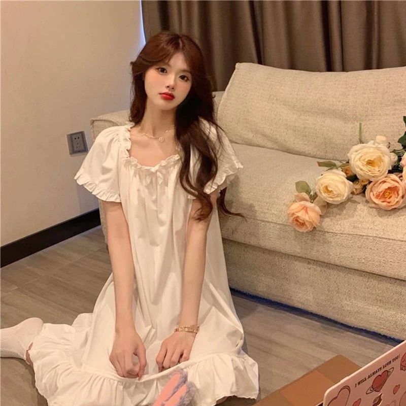 Short Sleeve Pajamas Dress Solid White Sleepwear Summer Sexy - 图2