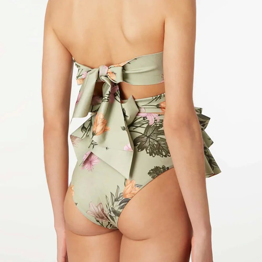 Takini Ruffled Swimwear Floral Print Split Swimsuit Green B-图1