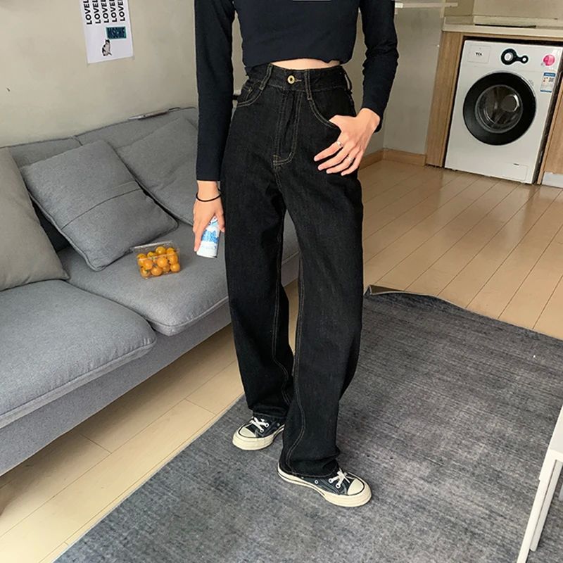 Vintage High Waist Women Black Jeans Korean Fashion Streetwe-图2