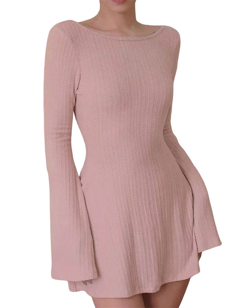 Solid Color Ribbed Knit Sweater Dress with A-Line Swing Silh - 图1