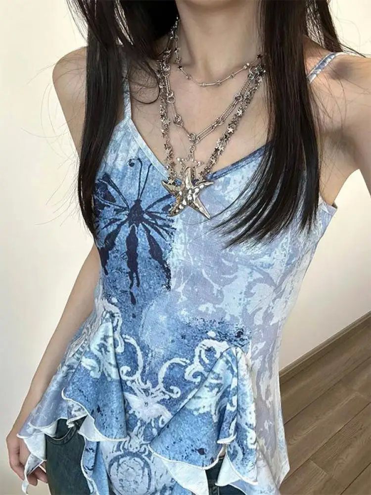 Genayooa Retro Tank Tops Women Sleeveless Blue Print Tank Y2 - 图3