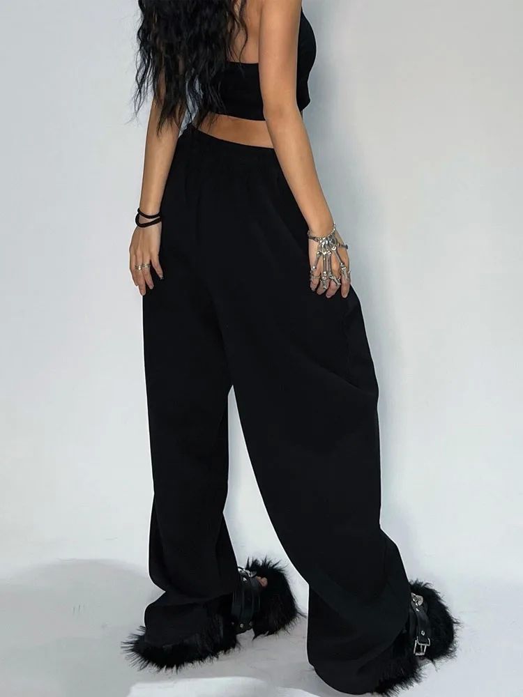 HOUZHOU Casual Black Sweatpants Women Wide Leg Black Joggers - 图0